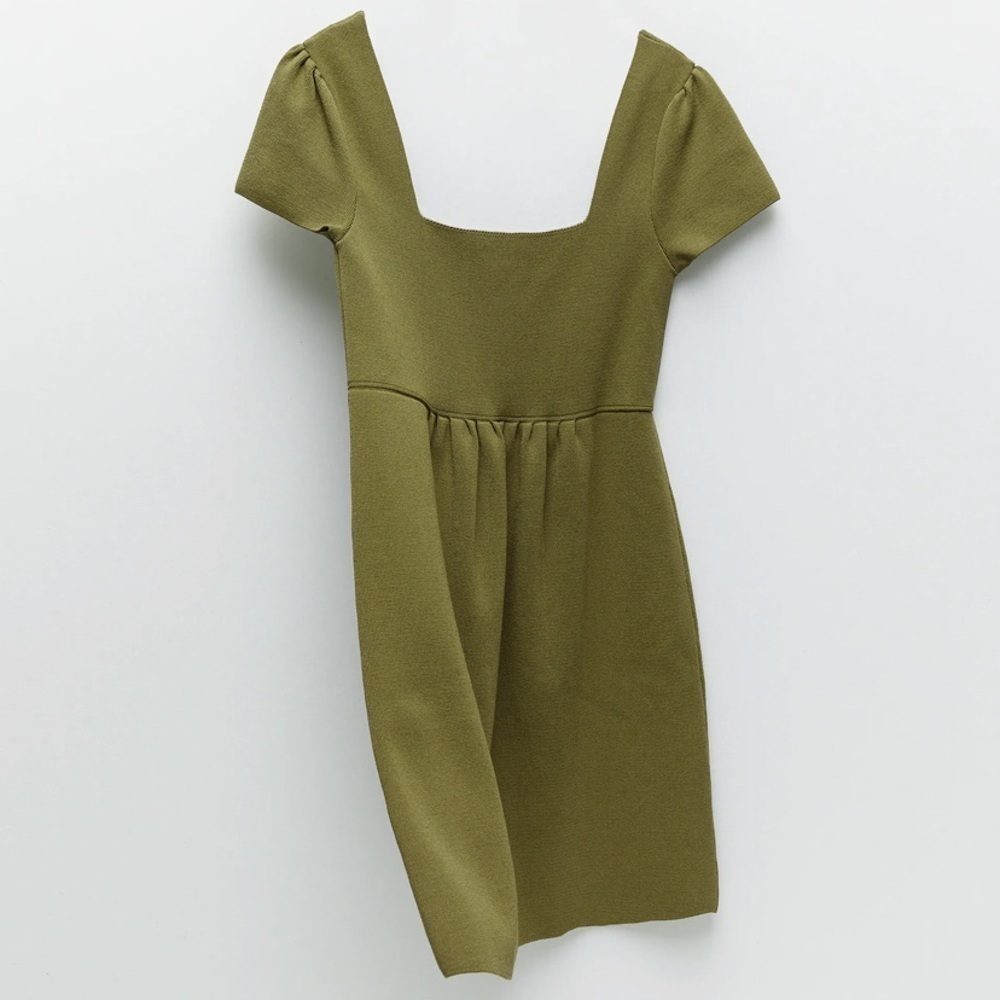 Zara Green Stretchy Knit Square Neck Skater Mini Dress - Picture 5 of 12